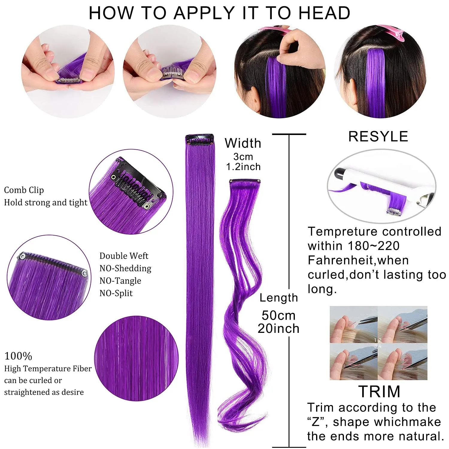 Ten 20-inch light purple clip in hair extensions made of heat-resistant synthetic fiber for adding colorful highlights to women's hair for parties and cosplay.