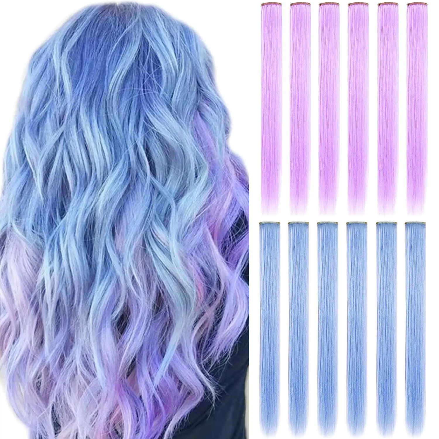 Ten 20-inch light purple clip in hair extensions made of heat-resistant synthetic fiber for adding colorful highlights to women's hair for parties and cosplay.