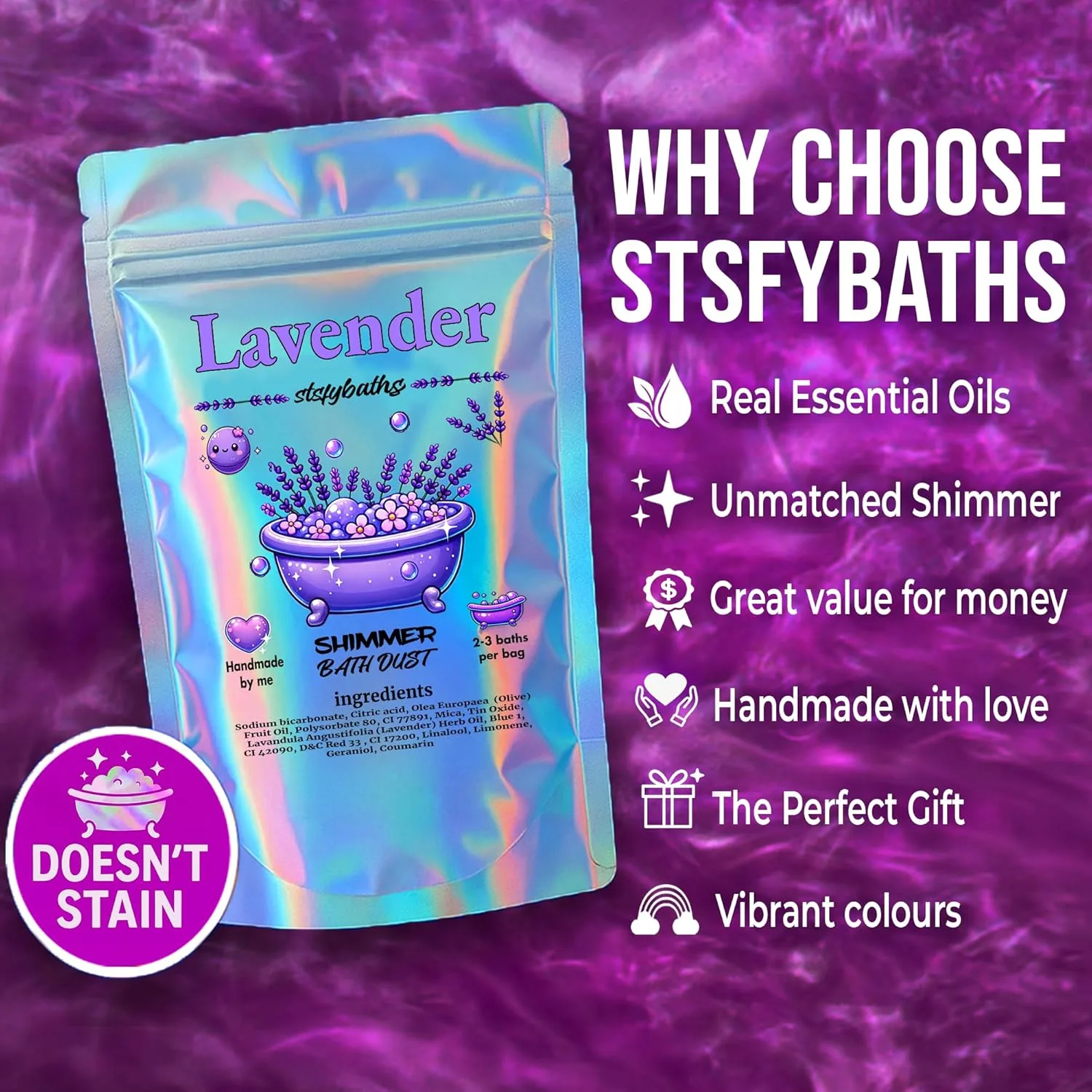 Purple Lavender Shimmer Bath Bomb - Handmade - Image 3