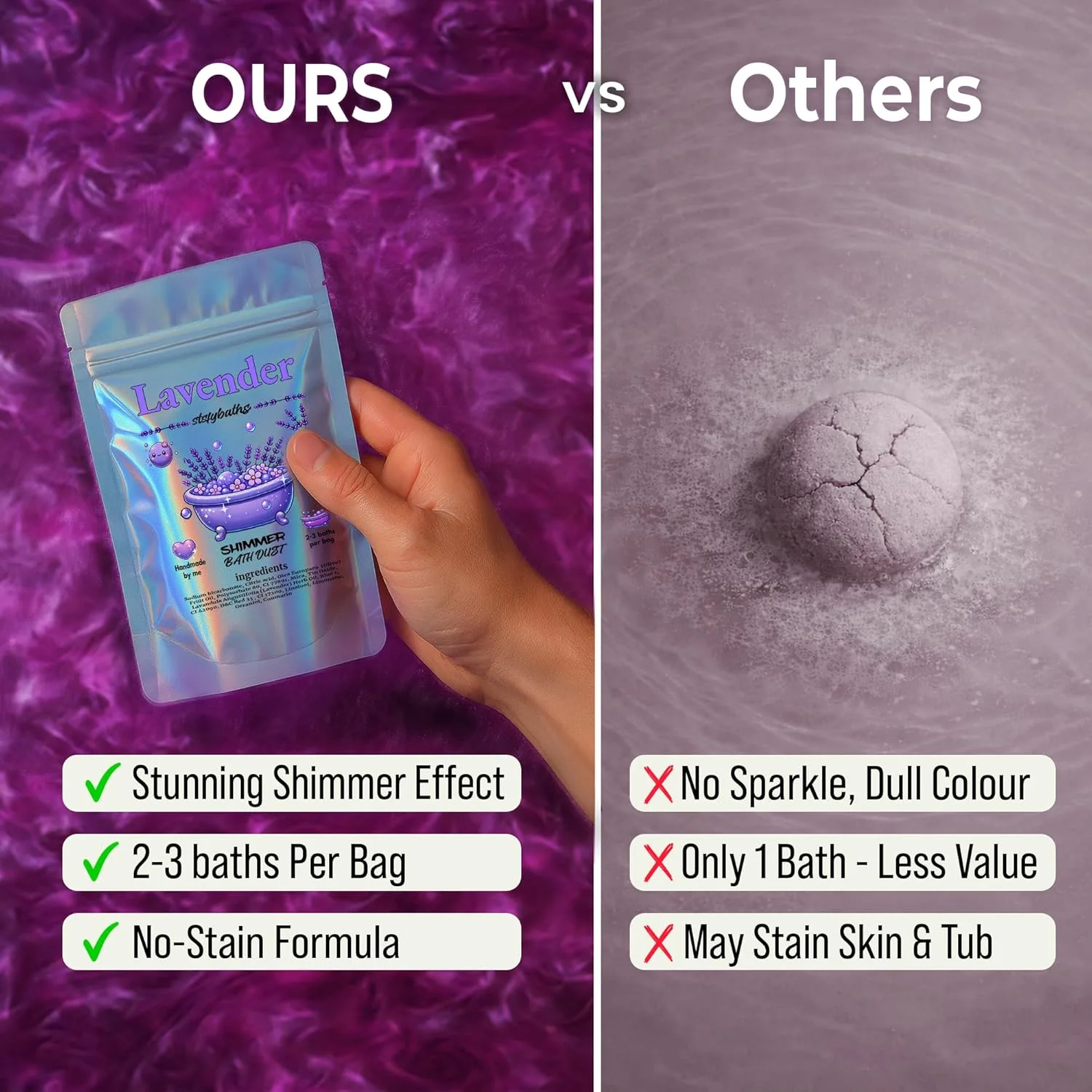 Purple Lavender Shimmer Bath Bomb - Handmade - Image 5