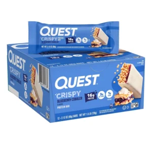 This is a close-up of a Quest Nutrition Blueberry Cobbler Hero Bar, a protein bar with a sweet and chewy core, a gooey blueberry layer, and a white chocolate coating, boasting 17g protein, 3g net carbs, and only 1g sugar.