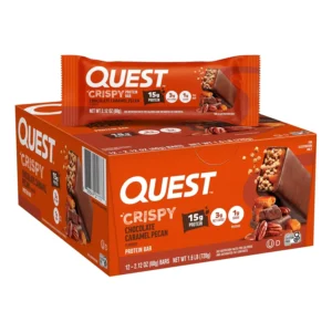 Twelve Quest Crispy Blueberry Cobbler Hero Protein Bars, each packed with 16g of protein and only 1g of sugar, offer a sweet and guilt-free treat with a delicious blueberry cobbler flavor.