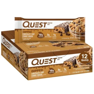 Box of twelve Quest Dipped Chocolate Chip Cookie Dough protein bars with 17g of protein, 4g net carbs, and only 1g of sugar per bar.