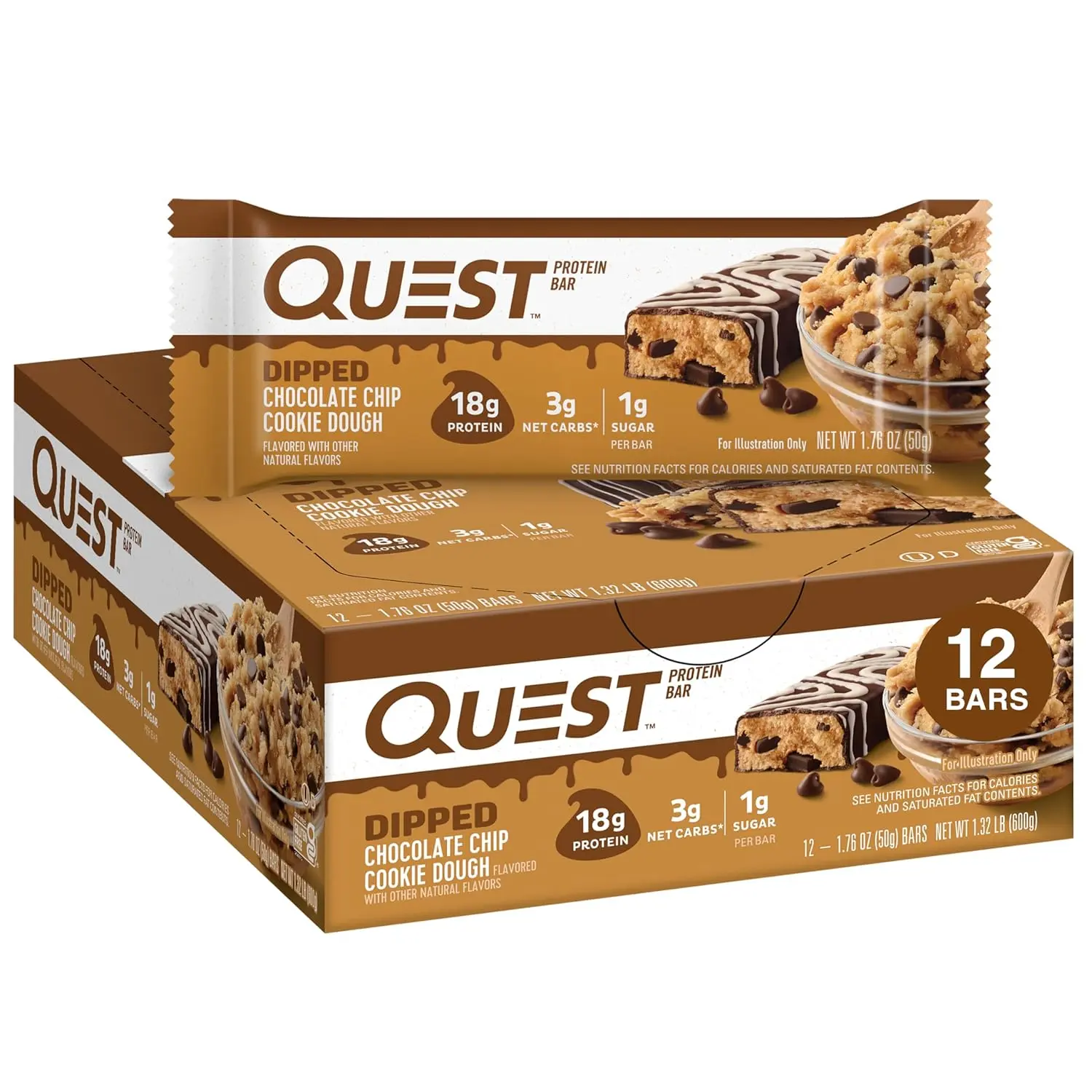 Box of twelve Quest Dipped Chocolate Chip Cookie Dough protein bars with 17g of protein, 4g net carbs, and only 1g of sugar per bar.