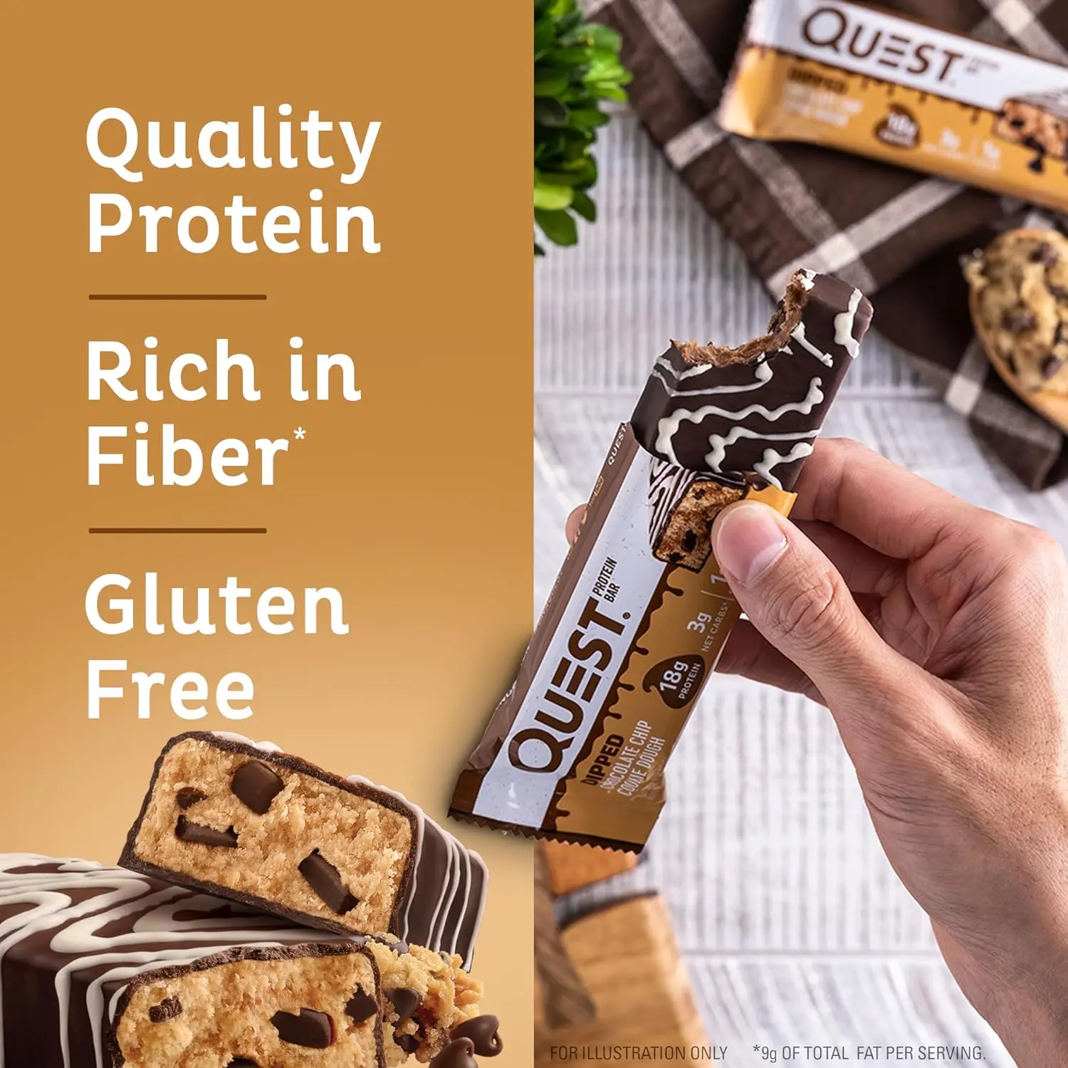Box of twelve Quest Dipped Chocolate Chip Cookie Dough protein bars with 17g of protein, 4g net carbs, and only 1g of sugar per bar.