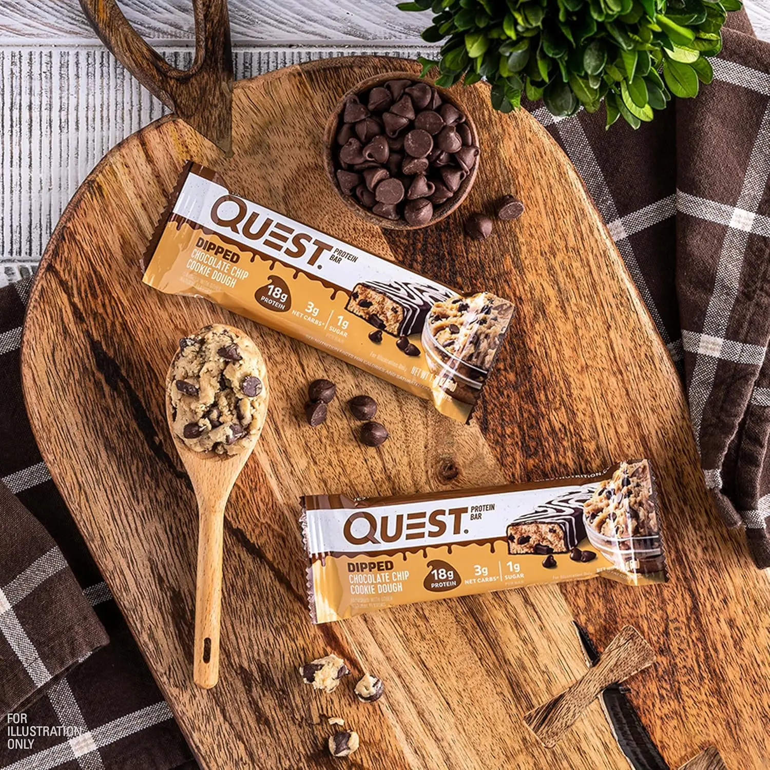 Box of twelve Quest Dipped Chocolate Chip Cookie Dough protein bars with 17g of protein, 4g net carbs, and only 1g of sugar per bar.