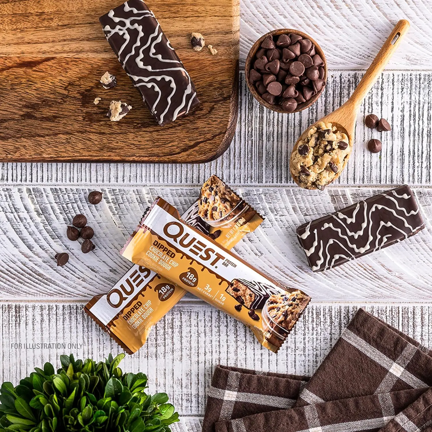 Box of twelve Quest Dipped Chocolate Chip Cookie Dough protein bars with 17g of protein, 4g net carbs, and only 1g of sugar per bar.