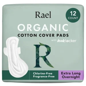 Rael organic cotton pads with wings offer ultimate absorbency and leak protection for all women, made with a soft, breathable, OCS-certified cotton top sheet.