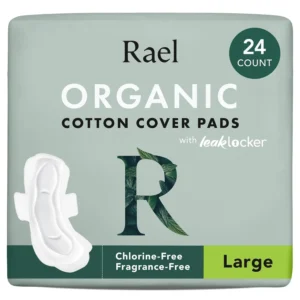 Rael organic cotton period pads with wings offer heavy absorbency and leak protection for all women, made with a soft, breathable, and hypoallergenic design.