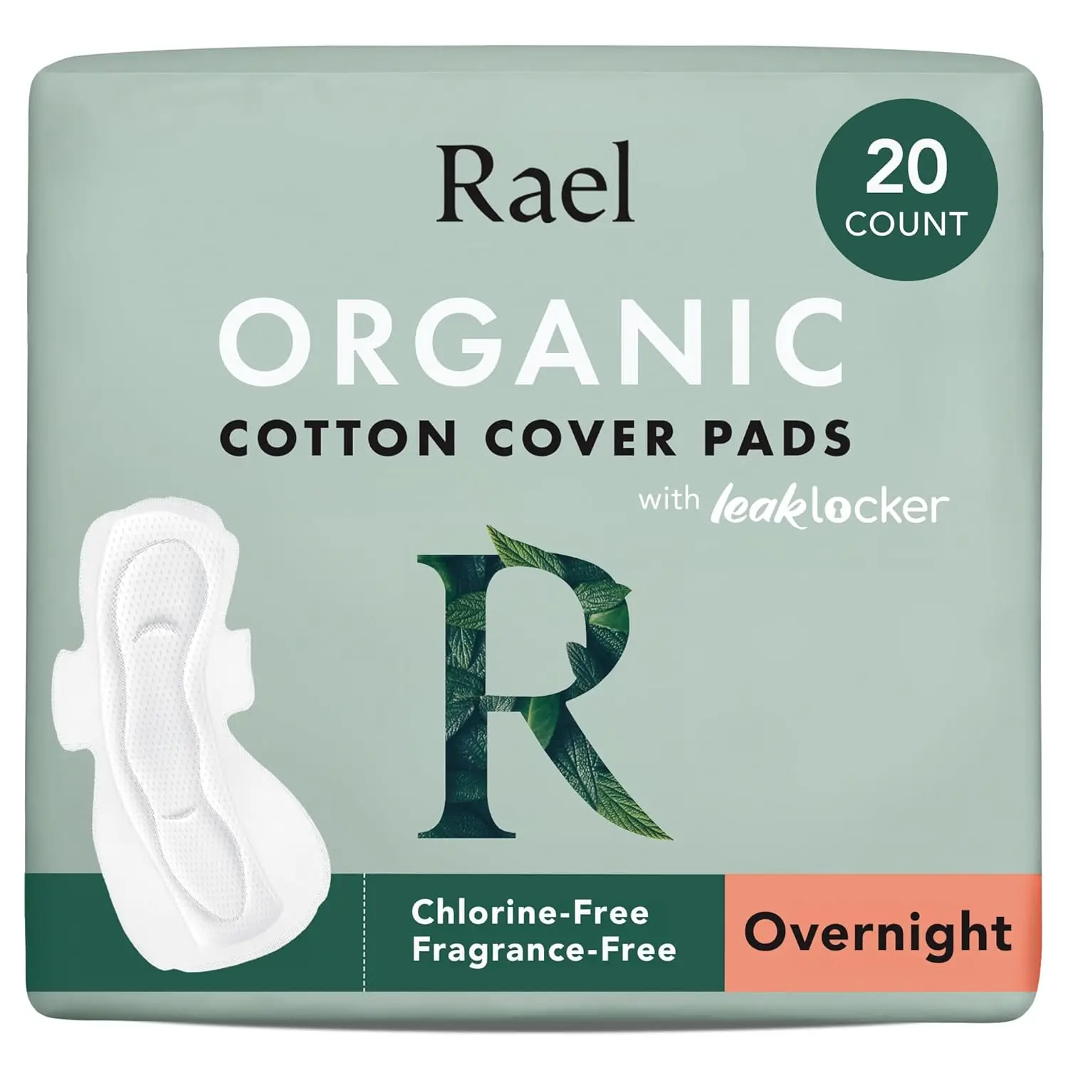 Rael organic cotton pads with wings offer heavy absorbency and leak locker technology for women's maximum period protection and all-day freshness.