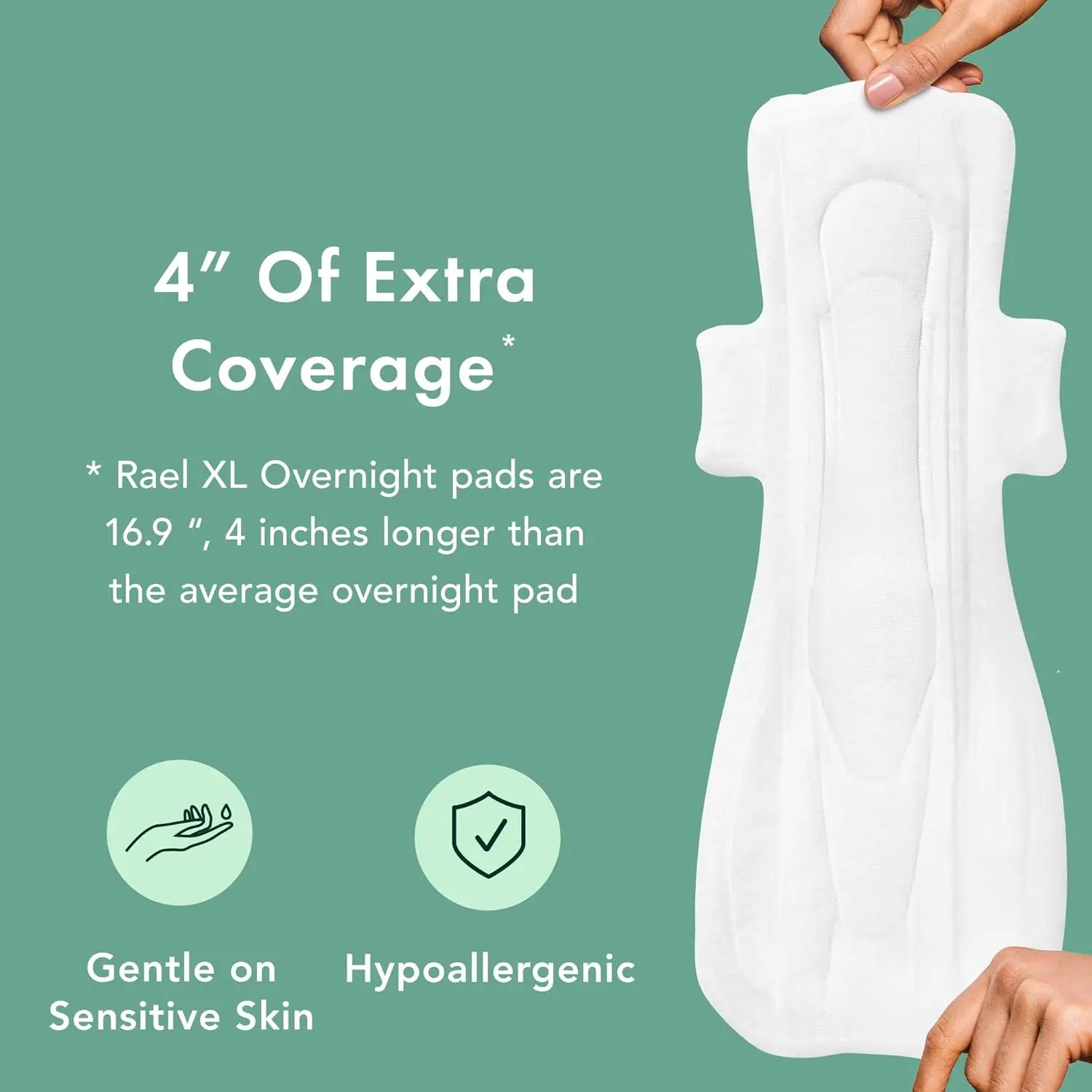 Rael organic cotton pads with wings offer ultimate absorbency and leak protection for all women, made with a soft, breathable, OCS-certified cotton top sheet.