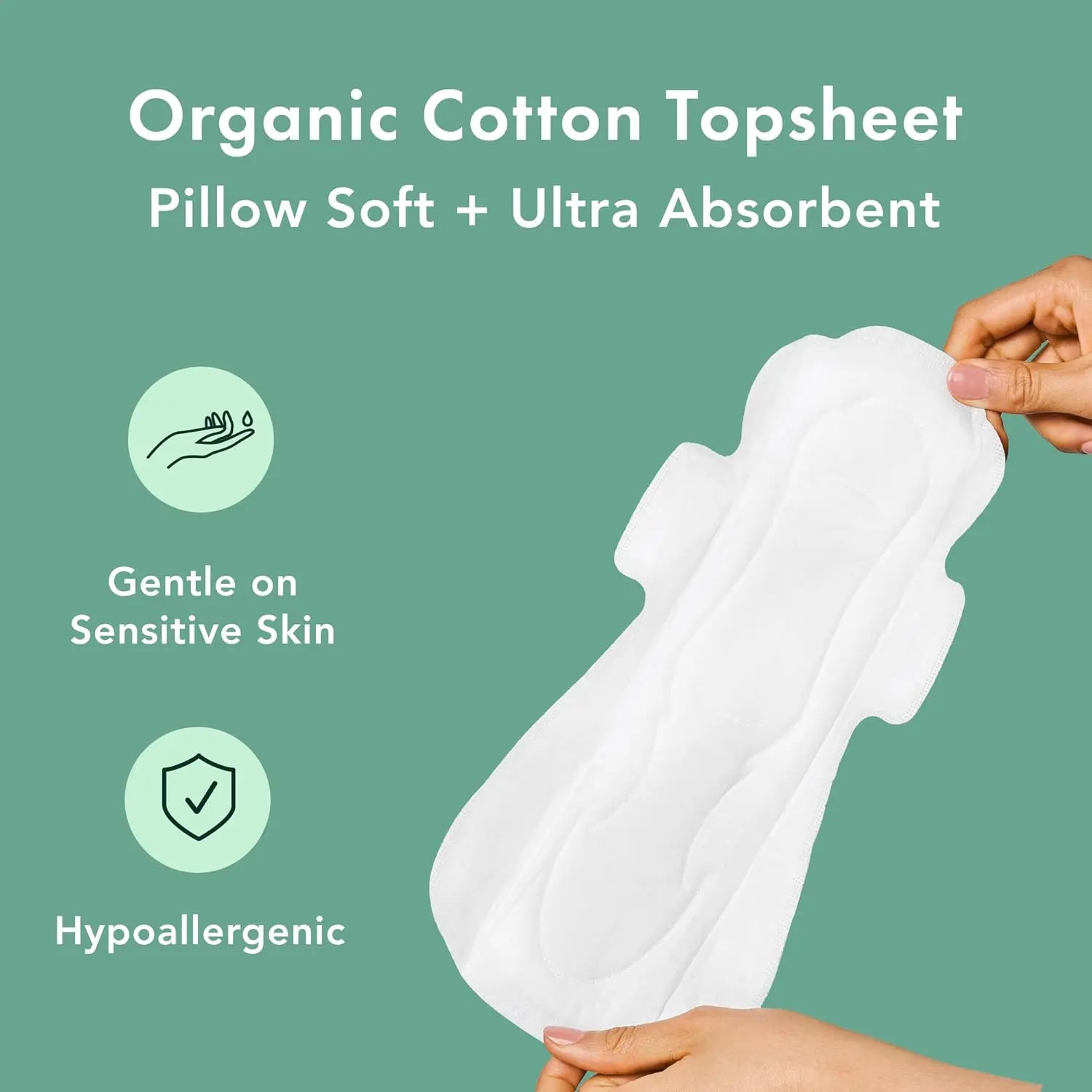 Rael organic cotton pads with wings offer heavy absorbency and leak locker technology for women's maximum period protection and all-day freshness.