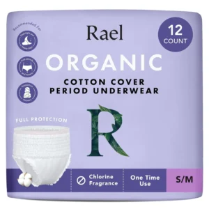 Rael organic cotton period underwear in size small to medium provides maximum coverage and absorbency for leak-free overnight protection.