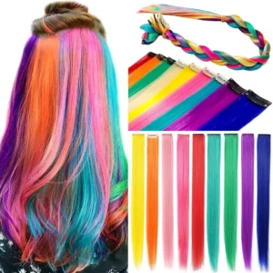 Nine colorful rainbow clip in hair extensions made of high-quality Kanekalon, each piece with one clip, perfect for adding highlights at parties, concerts, and daily wear.