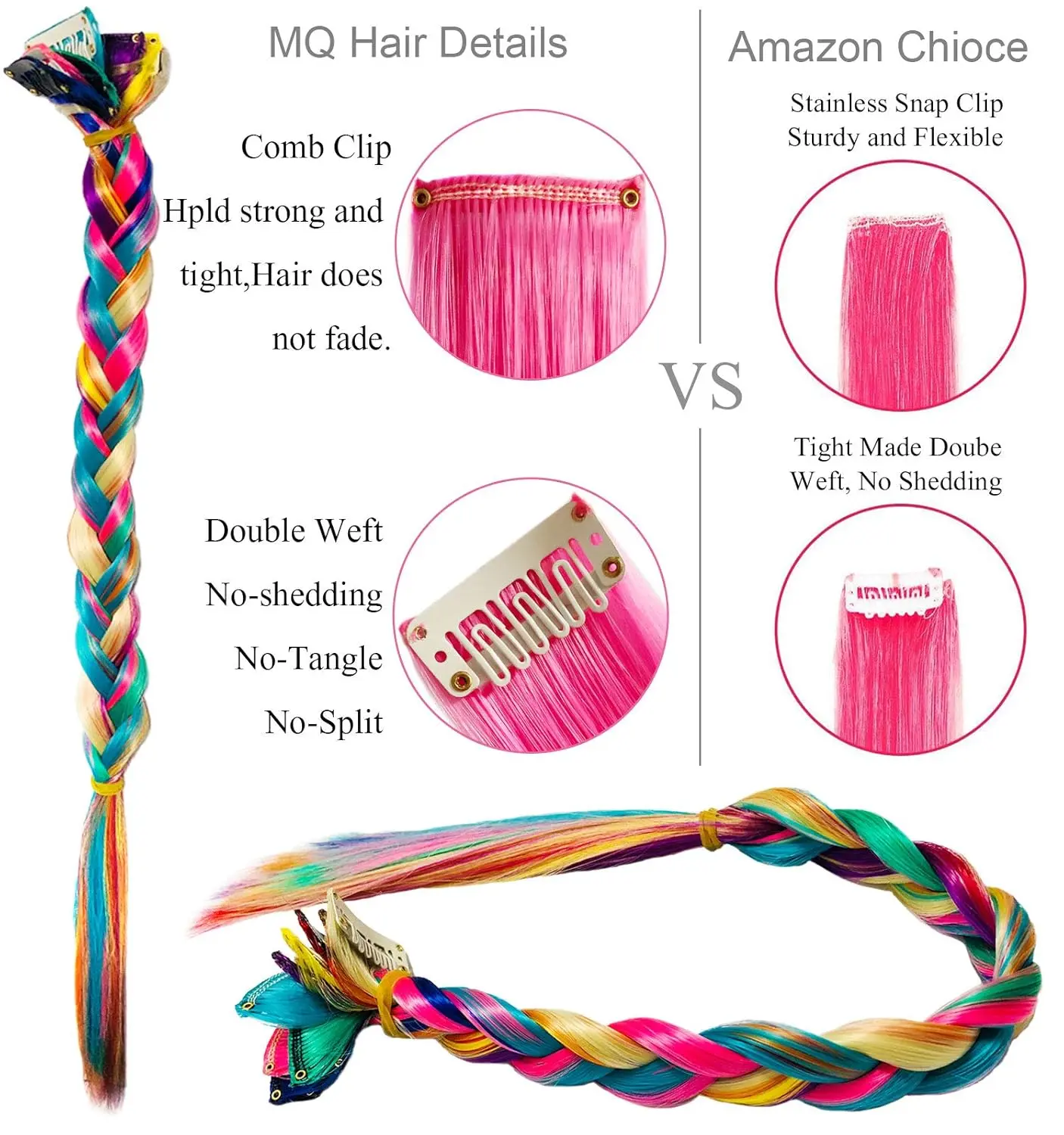 Nine colorful rainbow clip in hair extensions made of high-quality Kanekalon, each piece with one clip, perfect for adding highlights at parties, concerts, and daily wear.