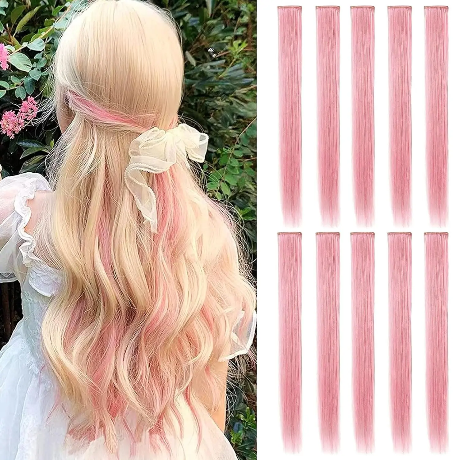 Nine colorful rainbow clip in hair extensions made of high-quality Kanekalon, each piece with one clip, perfect for adding highlights at parties, concerts, and daily wear.