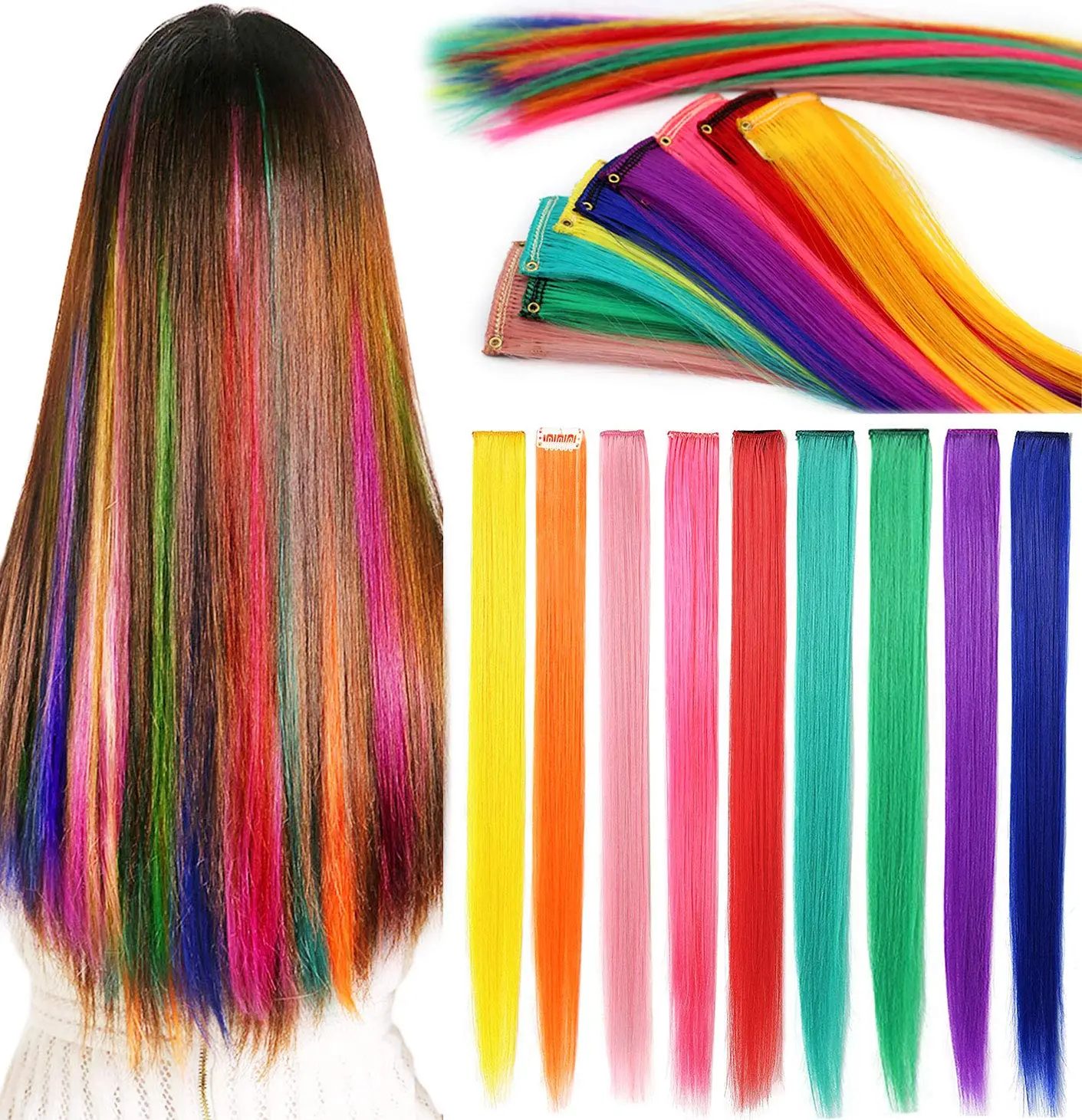 These nine colorful rainbow clip in hair extensions are perfect for adding a fun splash of color to girls' or dolls' hair, ideal for parties, festivals, or as a unique gift.