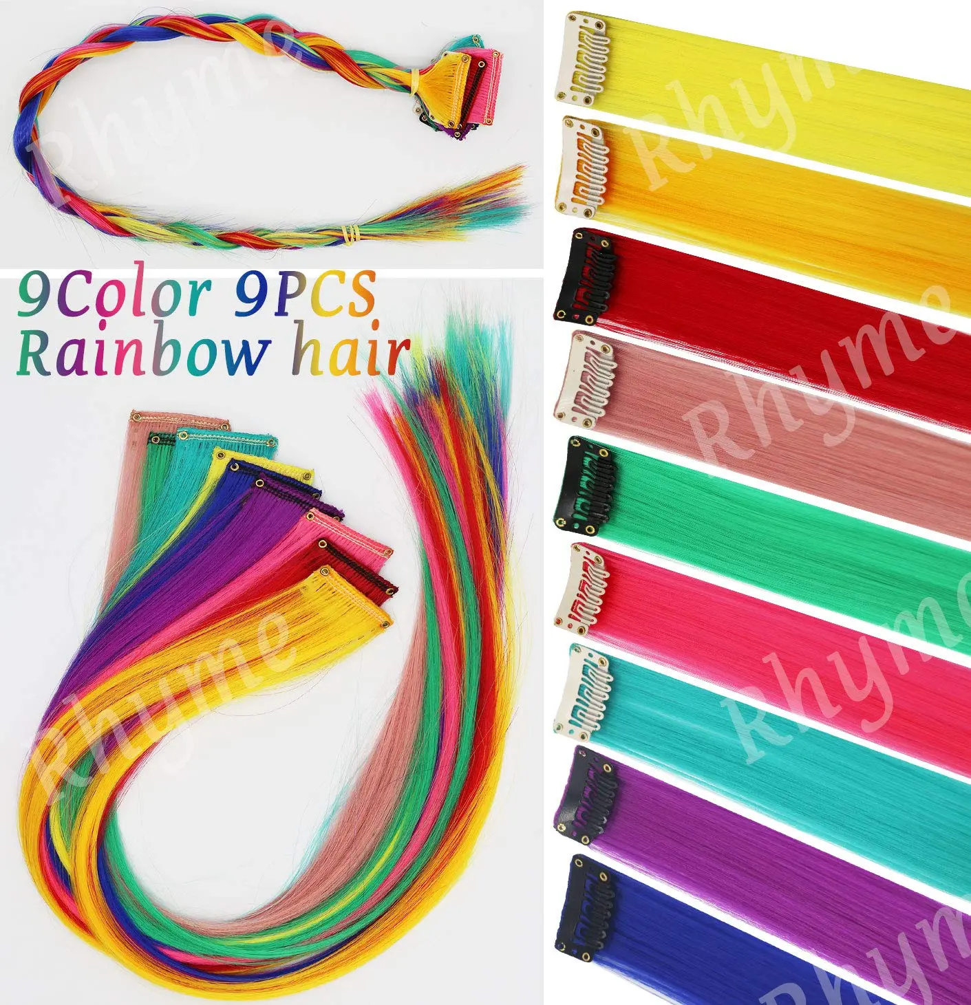 These nine colorful rainbow clip in hair extensions are perfect for adding a fun splash of color to girls' or dolls' hair, ideal for parties, festivals, or as a unique gift.
