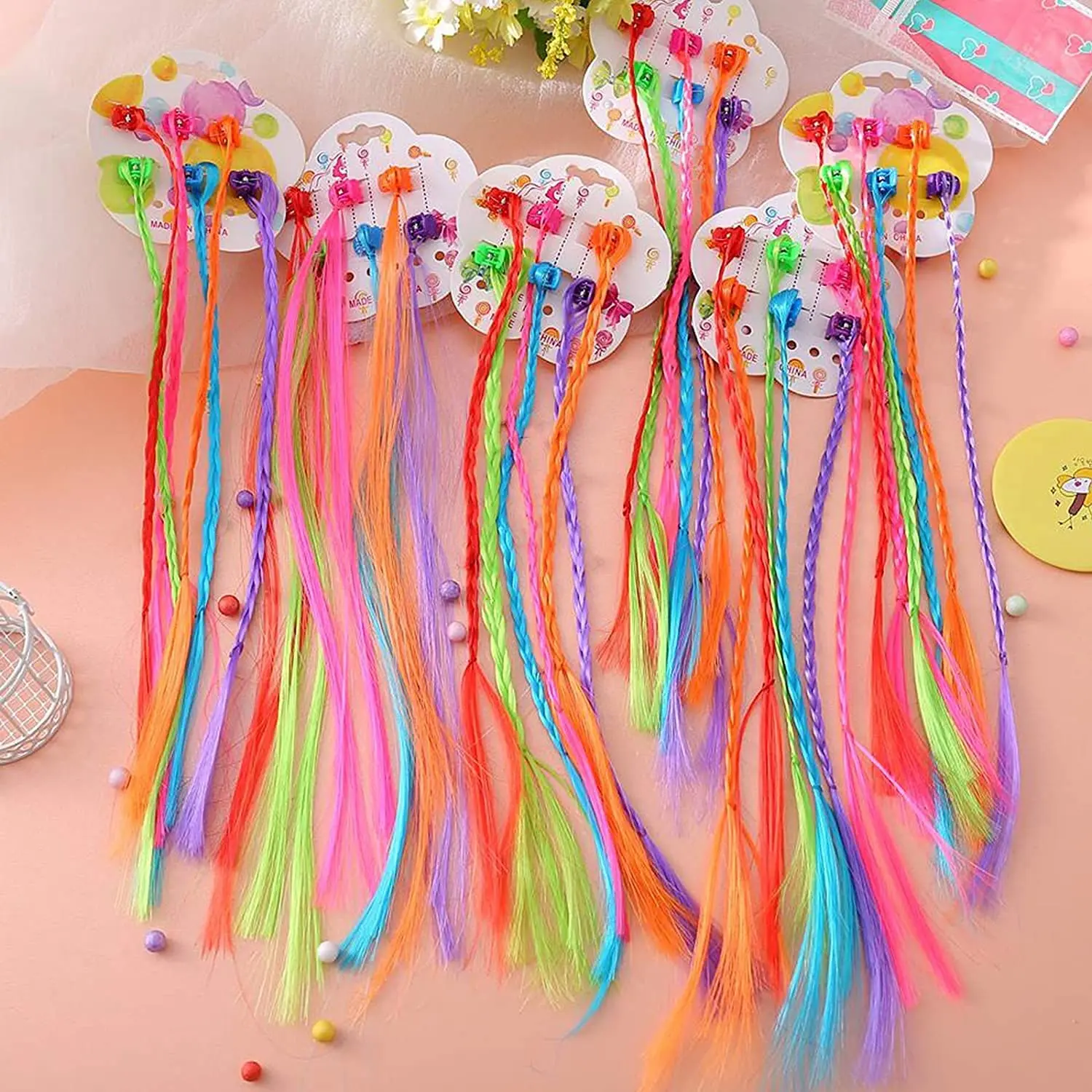 Colorful rainbow hair extensions with clips for girls, made of high-quality nylon, perfect for birthday parties and everyday hair decoration.