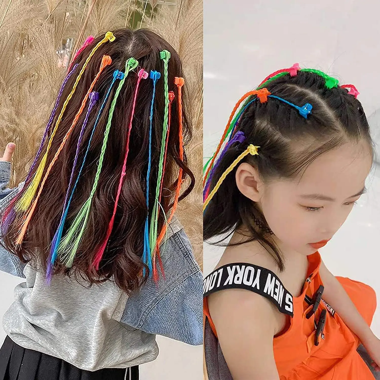 Colorful rainbow hair extensions with clips for girls, made of high-quality nylon, perfect for birthday parties and everyday hair decoration.
