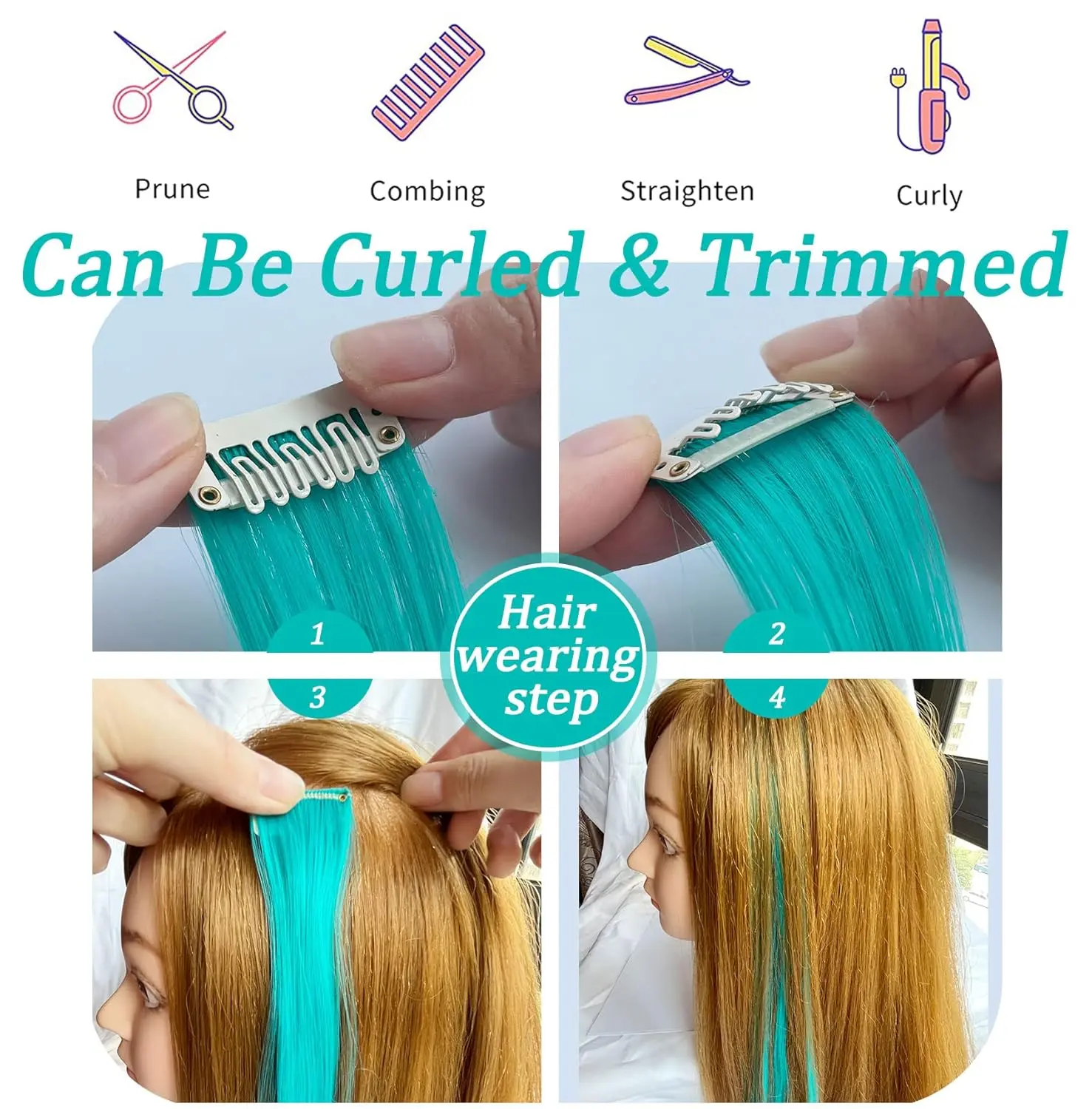 These nine colorful rainbow clip in hair extensions are perfect for adding a fun splash of color to girls' or dolls' hair, ideal for parties, festivals, or as a unique gift.