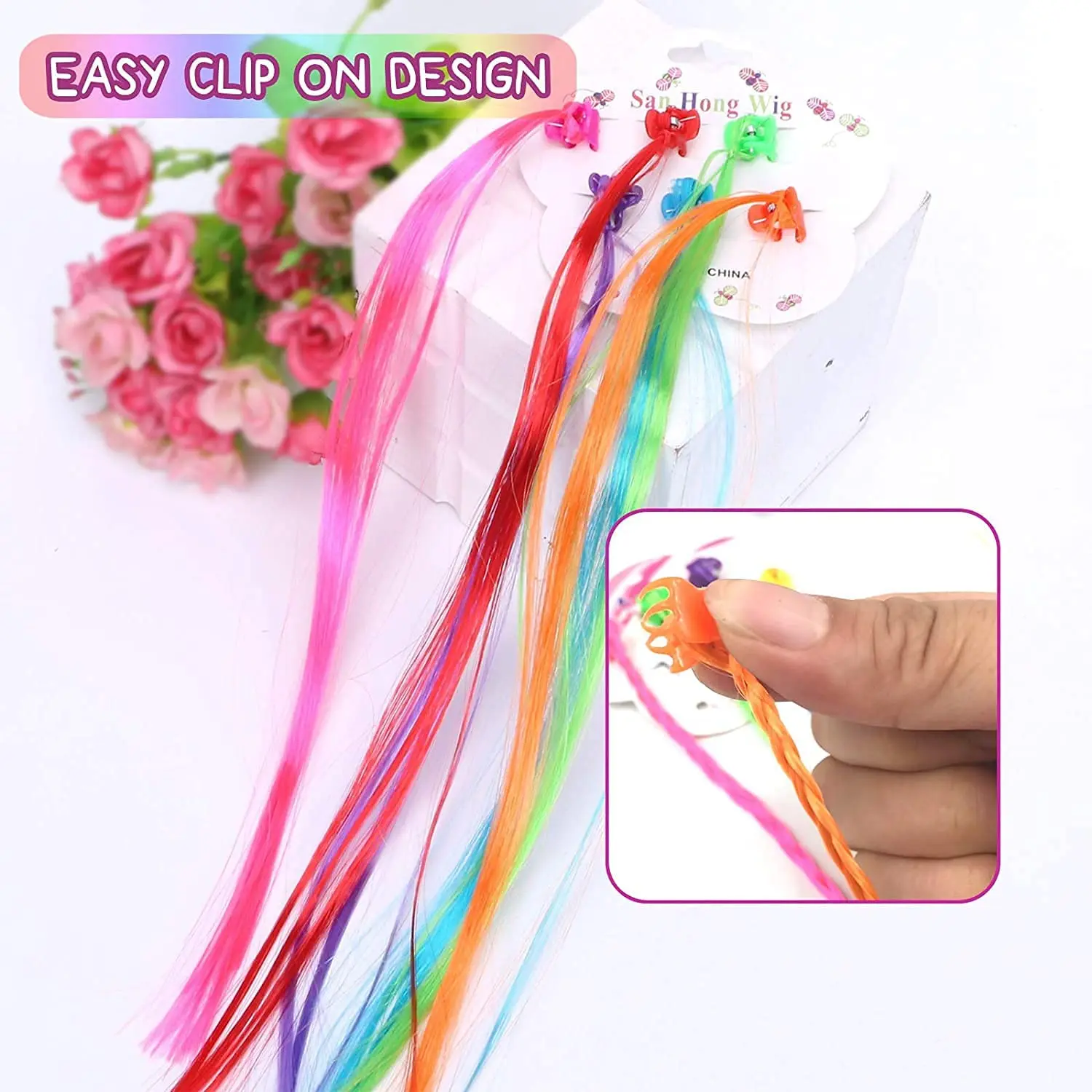 Colorful rainbow hair extensions with clips for girls, made of high-quality nylon, perfect for birthday parties and everyday hair decoration.