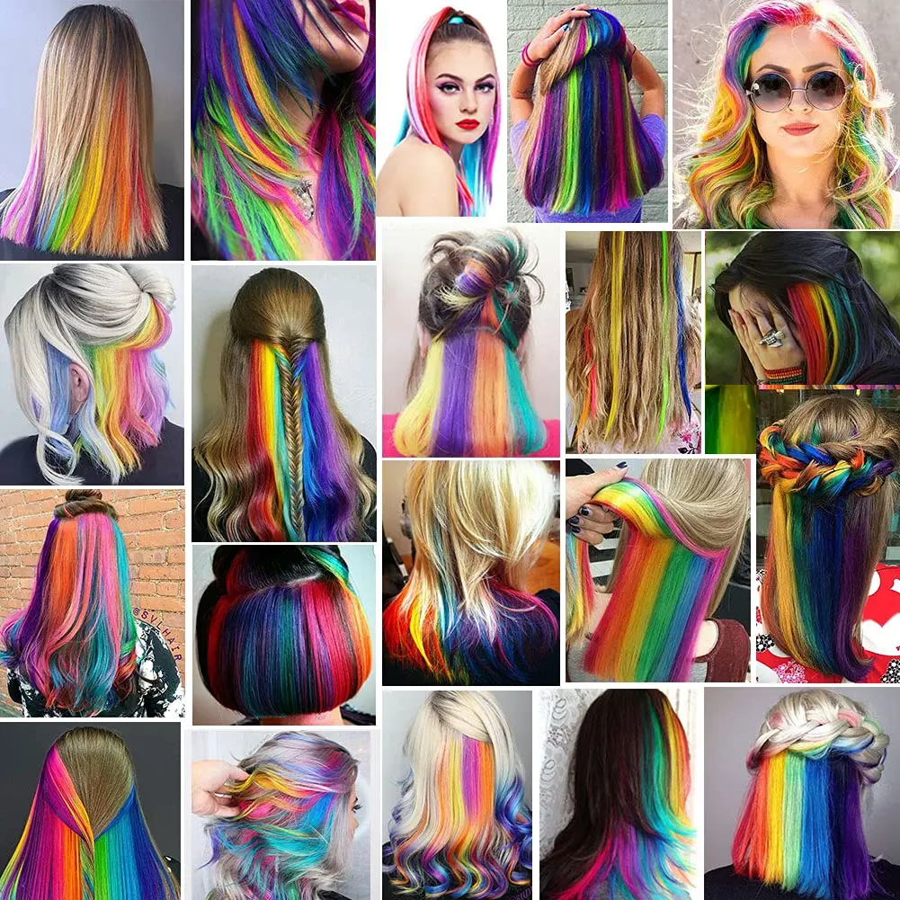 These nine colorful rainbow clip in hair extensions are perfect for adding a fun splash of color to girls' or dolls' hair, ideal for parties, festivals, or as a unique gift.