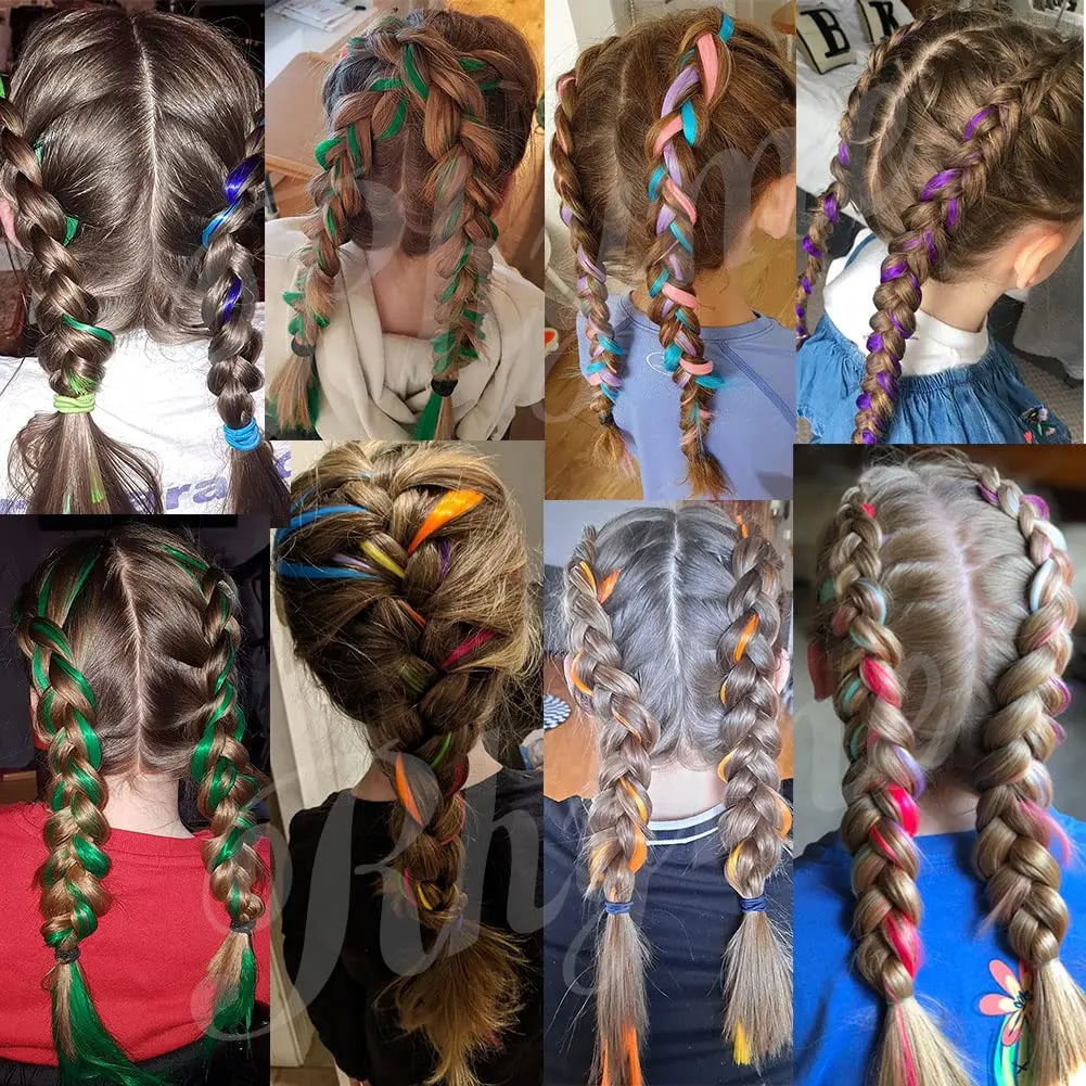 These nine colorful rainbow clip in hair extensions are perfect for adding a fun splash of color to girls' or dolls' hair, ideal for parties, festivals, or as a unique gift.
