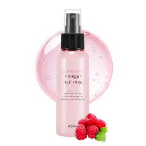 A refreshing raspberry vinegar hair mist spray to control frizz, balance scalp pH, and neutralize odors for healthy, shiny hair.