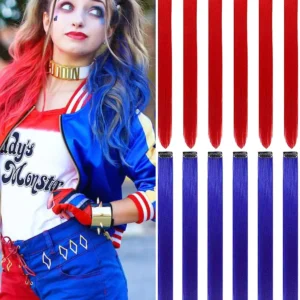 Twelve clip-in red and blue hair extensions are perfect for adding colorful highlights to your hair for cosplay, parties, or Halloween costumes.