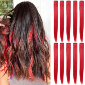 Ten 20-inch red clip in hair extensions made of heat-resistant synthetic fiber, perfect for adding colorful highlights to women's and girls' hair.