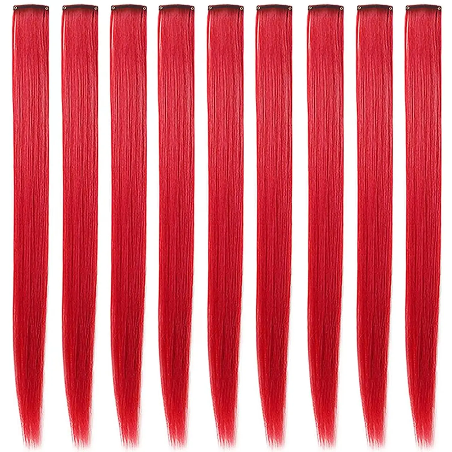 Ten 20-inch red clip in hair extensions made of heat-resistant synthetic fiber, perfect for adding colorful highlights to women's and girls' hair.