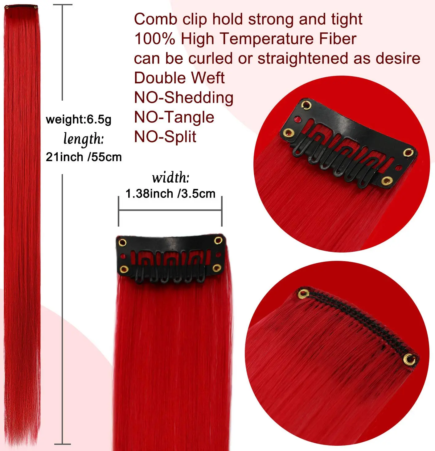 Ten 20-inch red clip in hair extensions made of heat-resistant synthetic fiber, perfect for adding colorful highlights to women's and girls' hair.