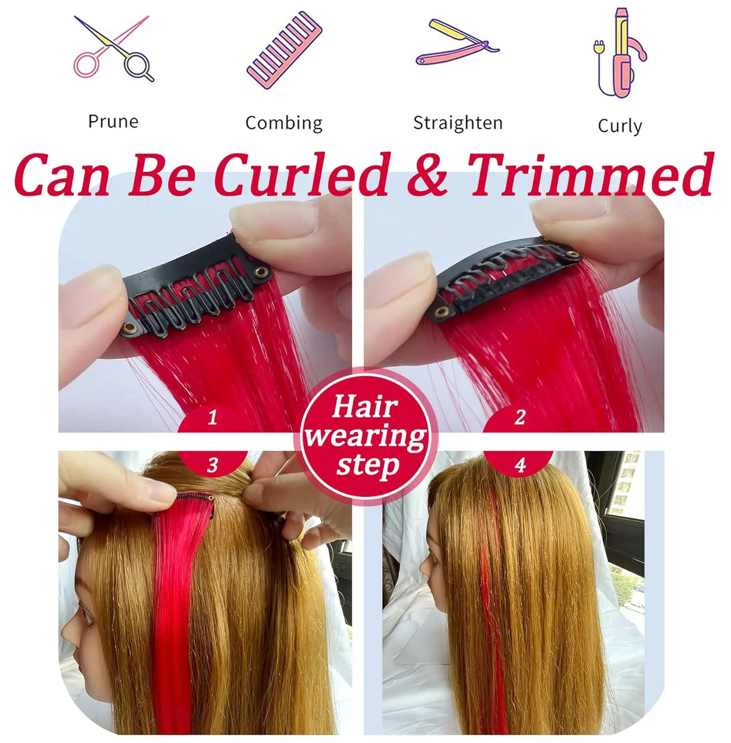 Ten 20-inch red clip in hair extensions made of heat-resistant synthetic fiber, perfect for adding colorful highlights to women's and girls' hair.