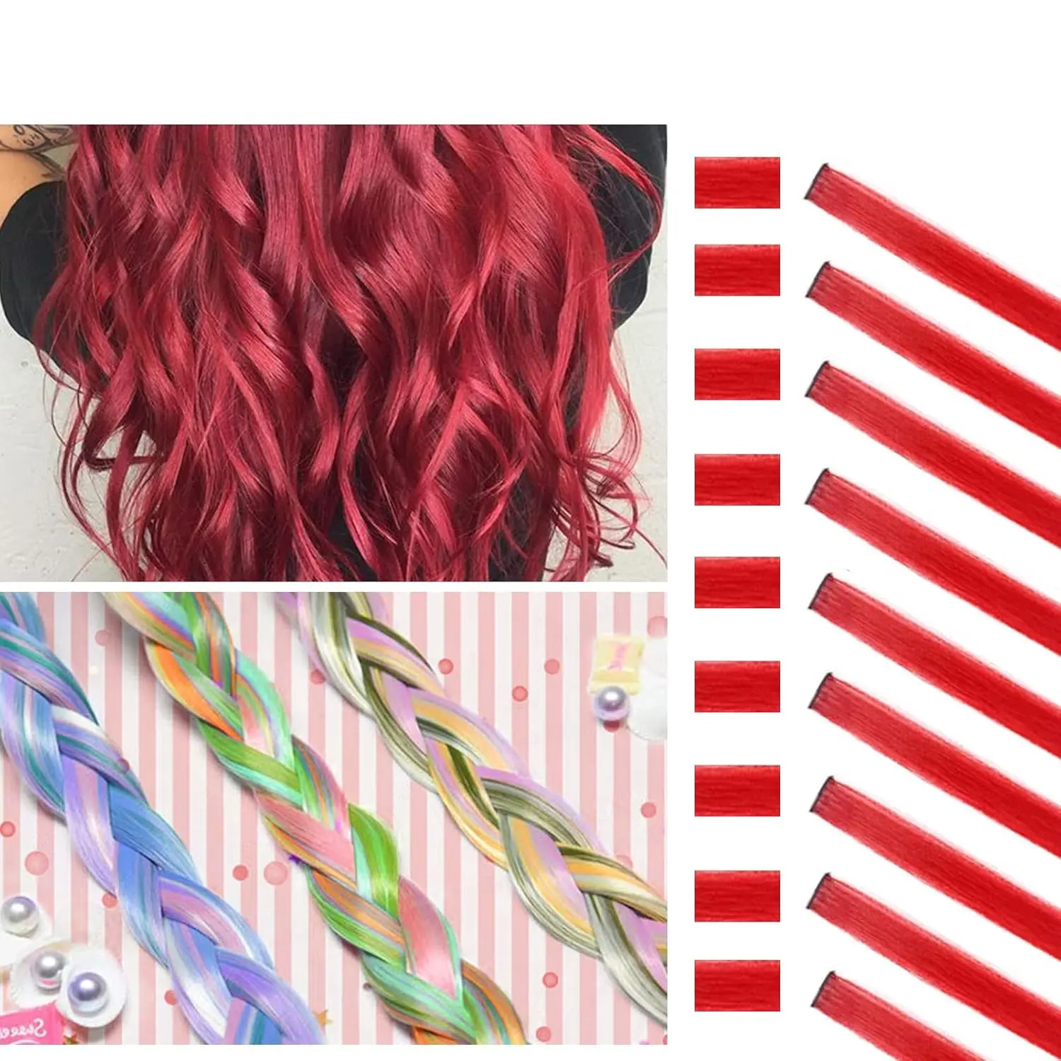 Ten red clip in hair extensions, each 22 inches long, offer a vibrant and easy way to add color and style to your hair for parties, cosplay, or everyday fashion.