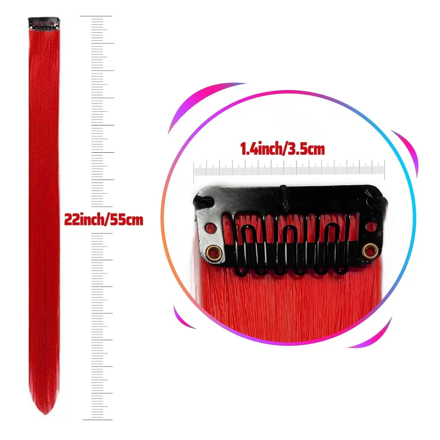 Ten red clip in hair extensions, each 22 inches long, offer a vibrant and easy way to add color and style to your hair for parties, cosplay, or everyday fashion.