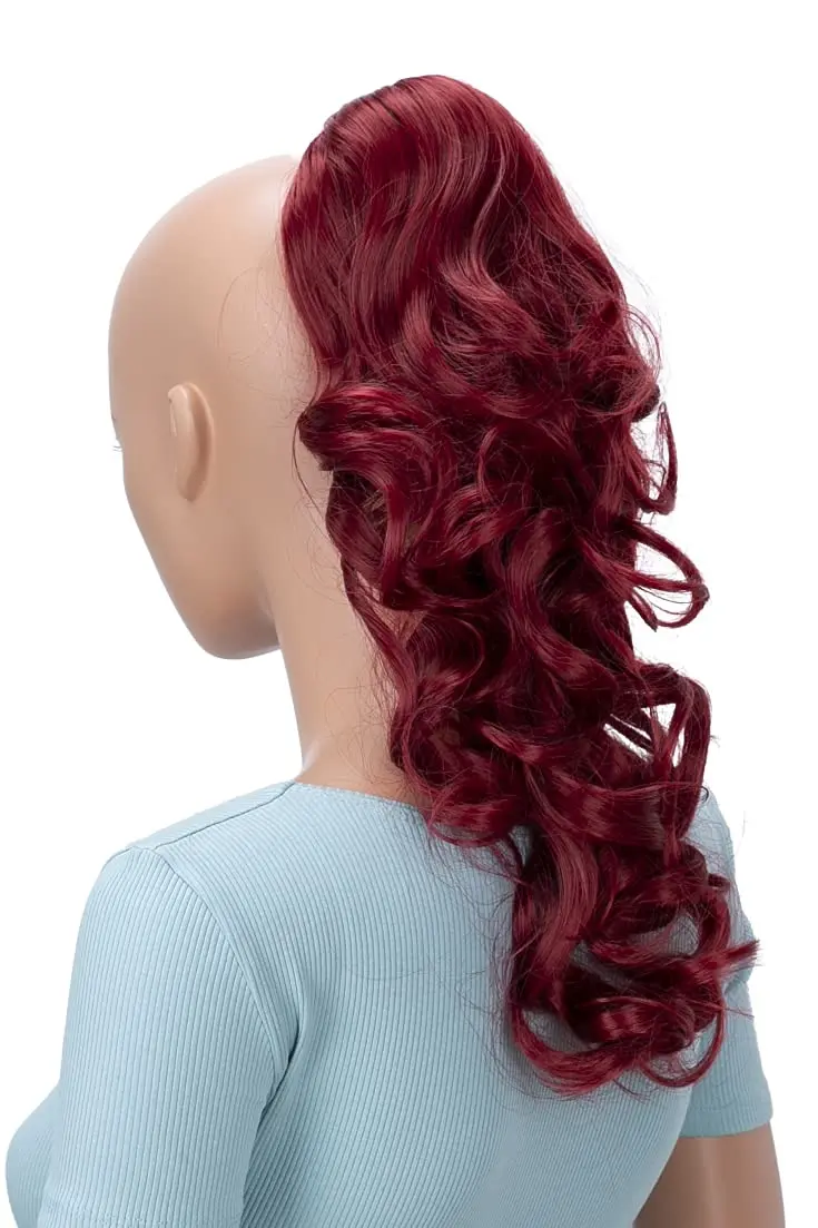 This is a 20 inch red heat-resistant synthetic ponytail extension with a clip, perfect for adding volume and length.