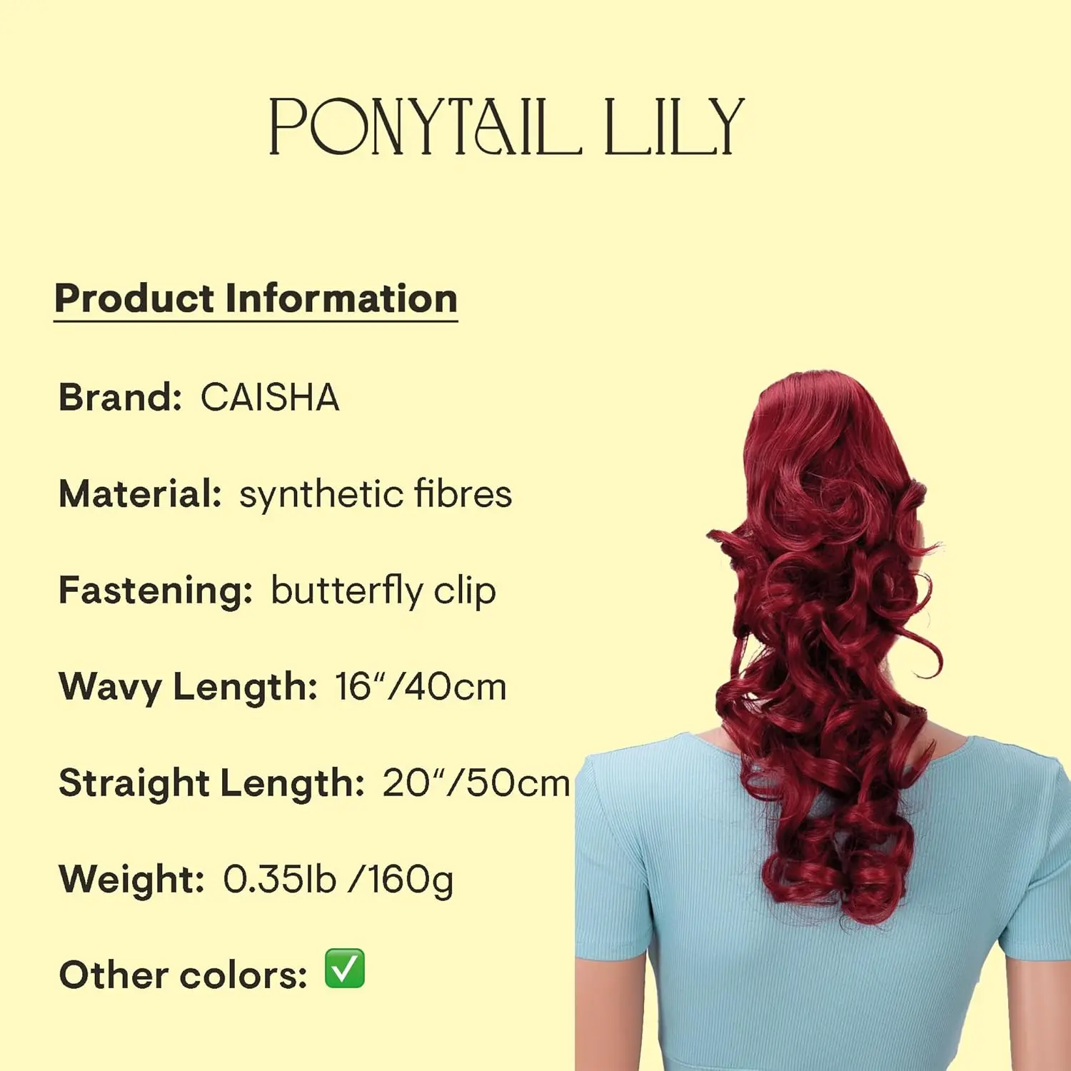 This is a 20 inch red heat-resistant synthetic ponytail extension with a clip, perfect for adding volume and length.