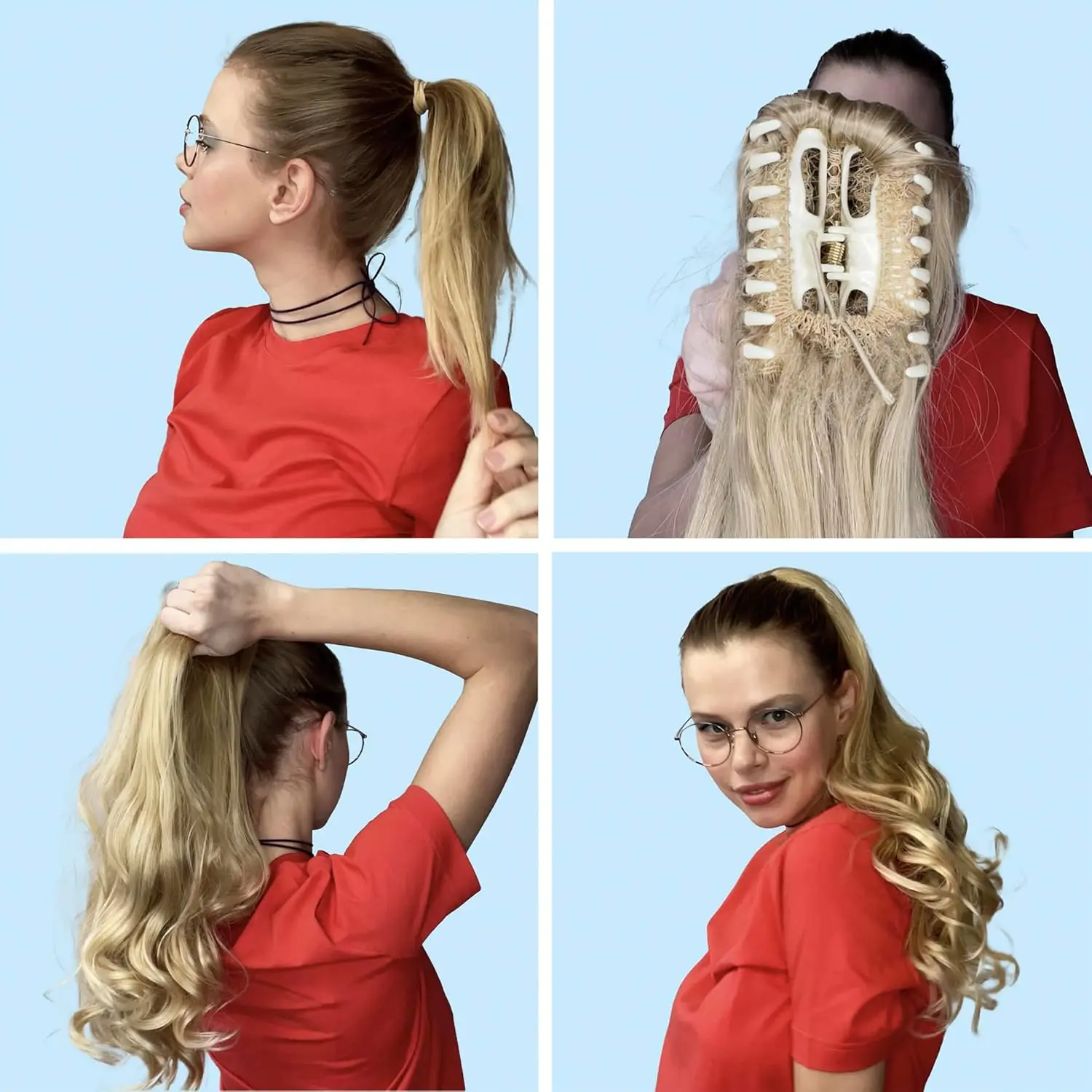 This is a 20 inch red heat-resistant synthetic ponytail extension with a clip, perfect for adding volume and length.