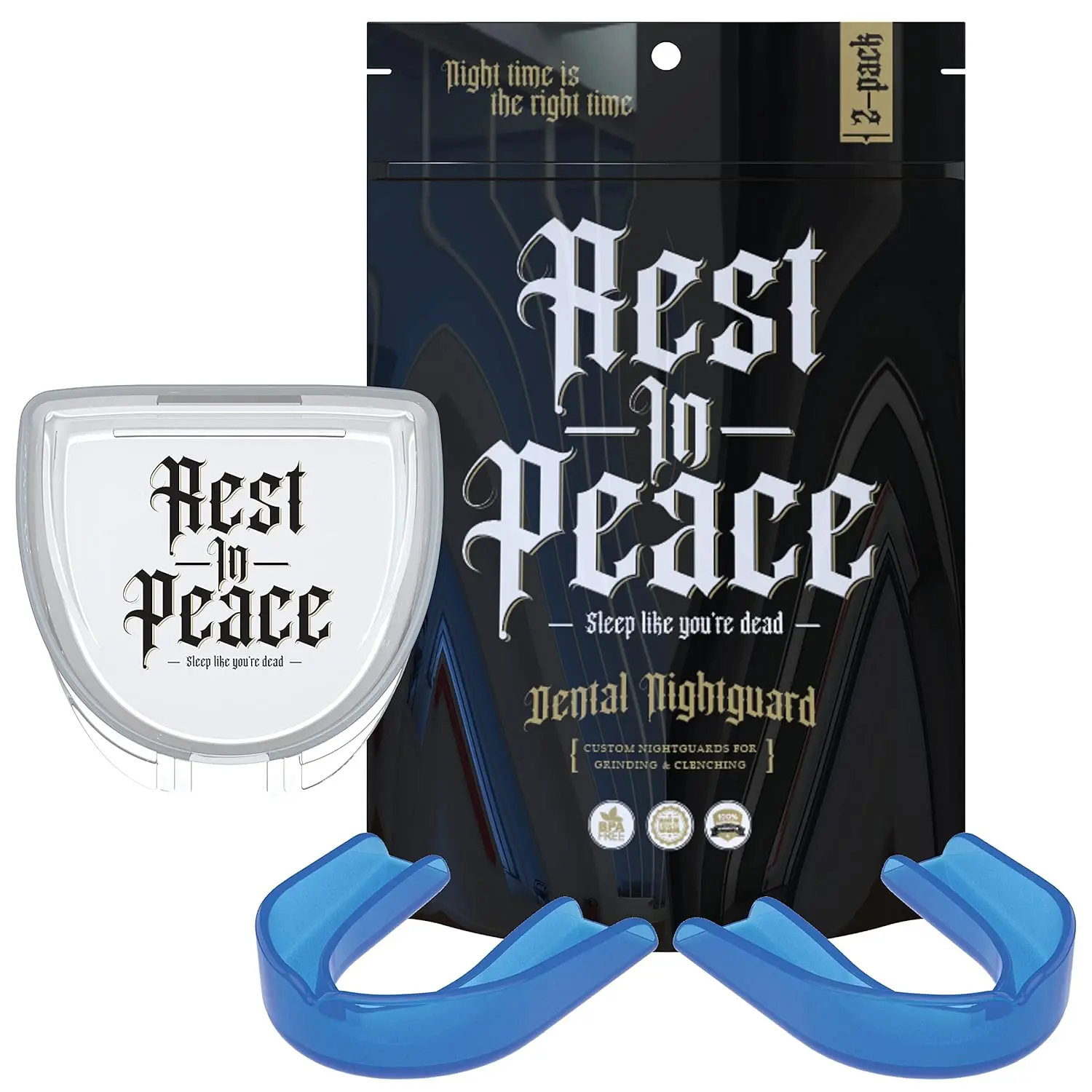 This clear, moldable Rest In Peace night guard, made from BPA and Phthalates free material, provides a custom and comfortable fit to protect your teeth from grinding and clenching.