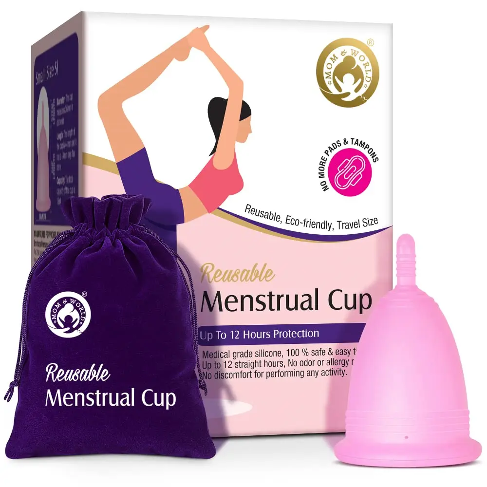 Mom & World reusable menstrual cup made of medical-grade silicone for women provides 12-hour leak-free, odor-free period protection and reduces waste.