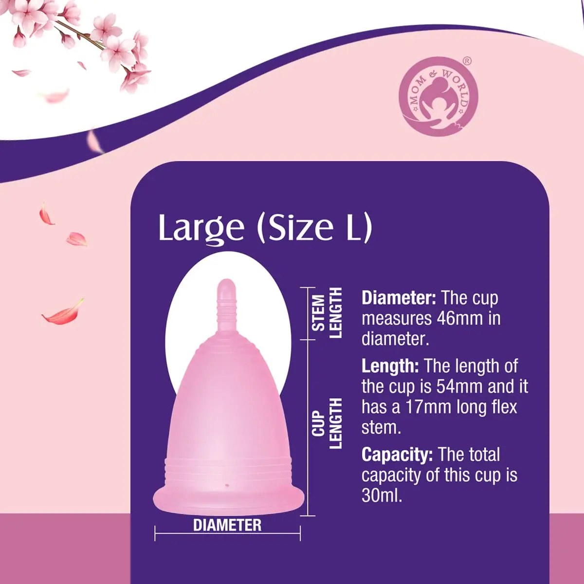 Mom & World reusable menstrual cup made of medical-grade silicone for women provides 12-hour leak-free, odor-free period protection and reduces waste.
