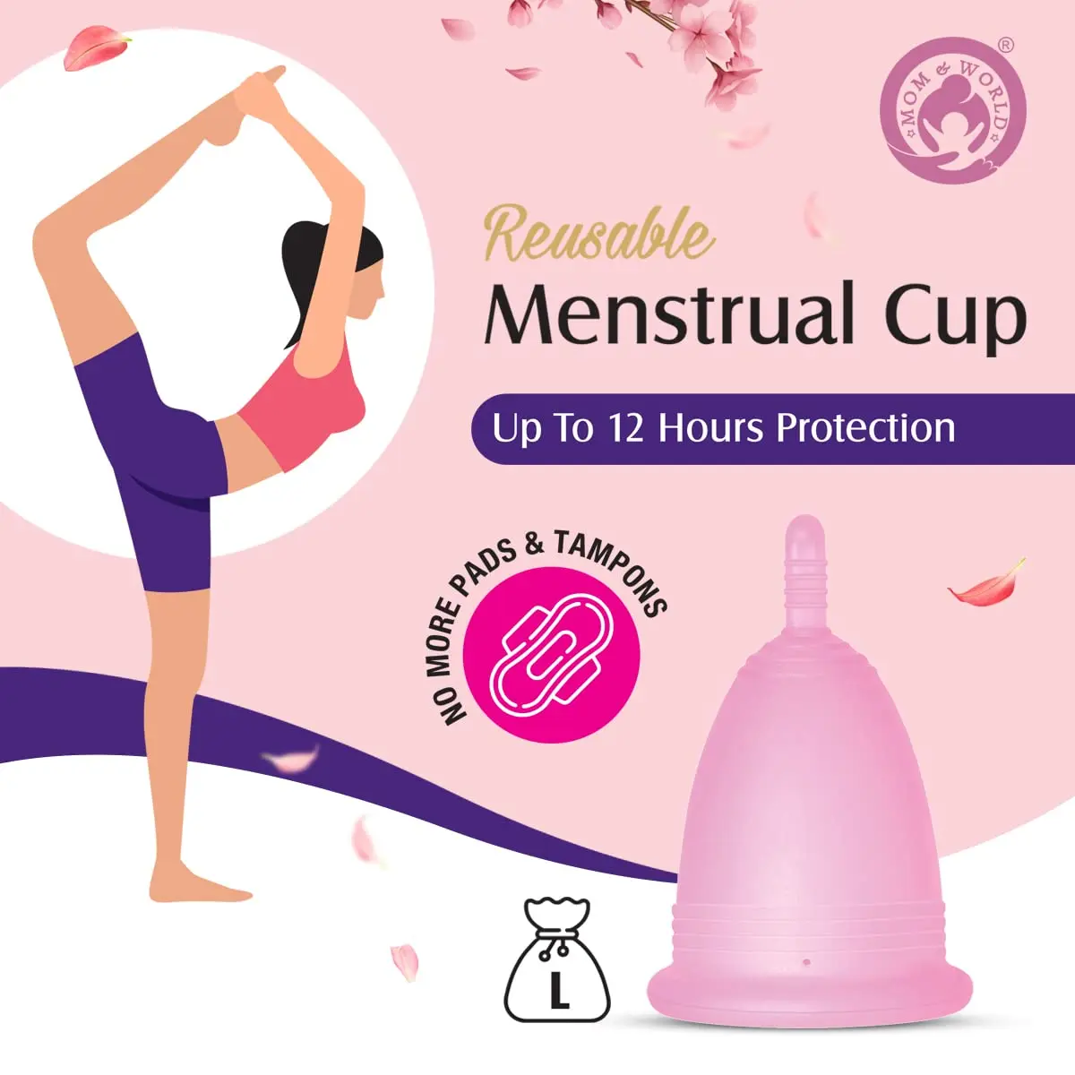 Mom & World reusable menstrual cup made of medical-grade silicone for women provides 12-hour leak-free, odor-free period protection and reduces waste.