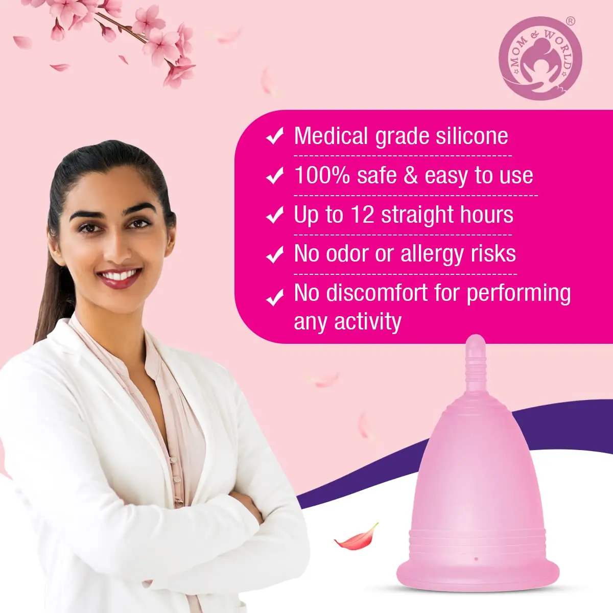 Mom & World reusable menstrual cup made of medical-grade silicone for women provides 12-hour leak-free, odor-free period protection and reduces waste.