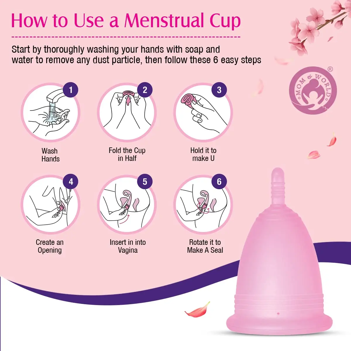 Mom & World reusable menstrual cup made of medical-grade silicone for women provides 12-hour leak-free, odor-free period protection and reduces waste.