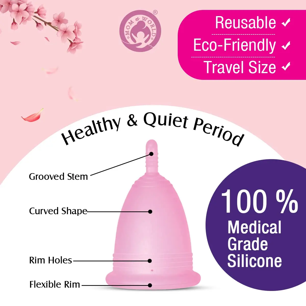 Mom & World reusable menstrual cup made of medical-grade silicone for women provides 12-hour leak-free, odor-free period protection and reduces waste.