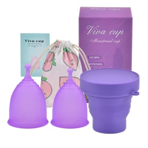 This image shows a set of two reusable menstrual cups, one small and one large, made of soft, flexible, medical-grade silicone, along with a collapsible sterilizing cup.
