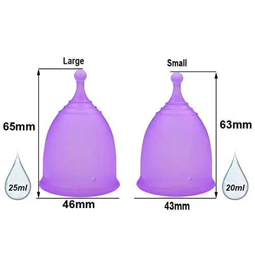 This image shows a set of two reusable menstrual cups, one small and one large, made of soft, flexible, medical-grade silicone, along with a collapsible sterilizing cup.