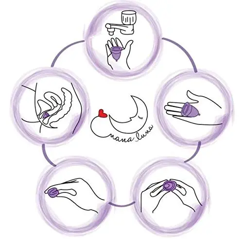 This image shows a set of two reusable menstrual cups, one small and one large, made of soft, flexible, medical-grade silicone, along with a collapsible sterilizing cup.