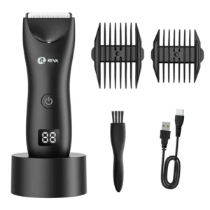 The Reva hair trimmer features a built-in spotlight and LED display, offering precise, safe trimming with ceramic blades and fast charging capabilities for cordless use.